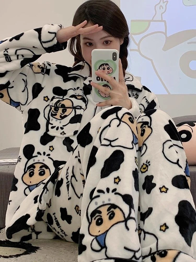 珊瑚绒睡衣女冬新款ins奶牛小新加绒加厚法兰绒学生宿舍家居套装