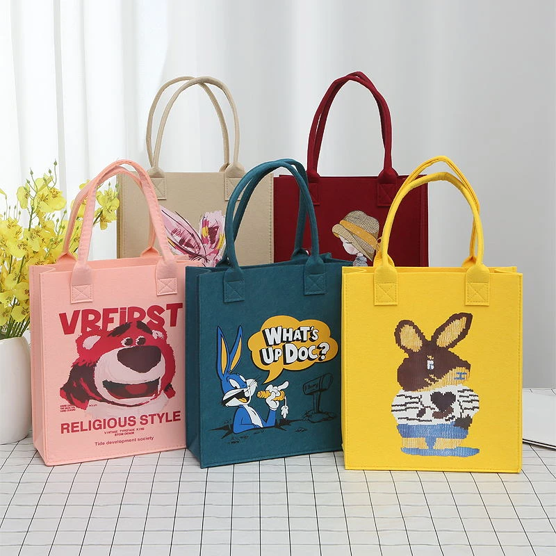 印花手提袋学生装书长款便宜毛毡手提包轻便旅行耐脏学生版便携