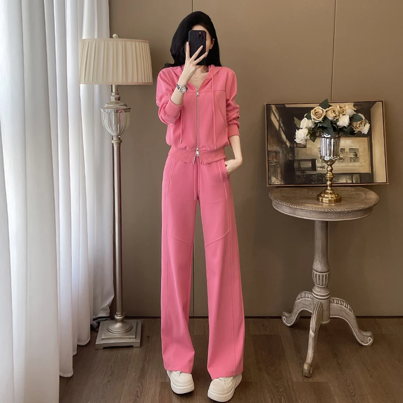 盐系休闲运动套装女秋季新款洋气减龄连帽拉链外套阔腿裤两件套潮