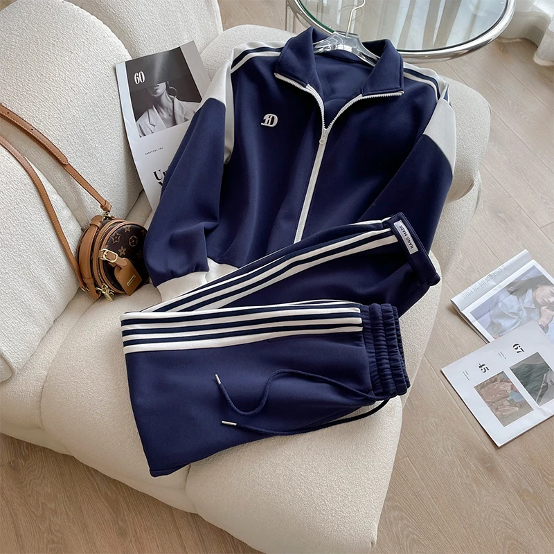 高端时尚运动套装2023女秋新款洋气显瘦短款拼色外套束脚裤两件套