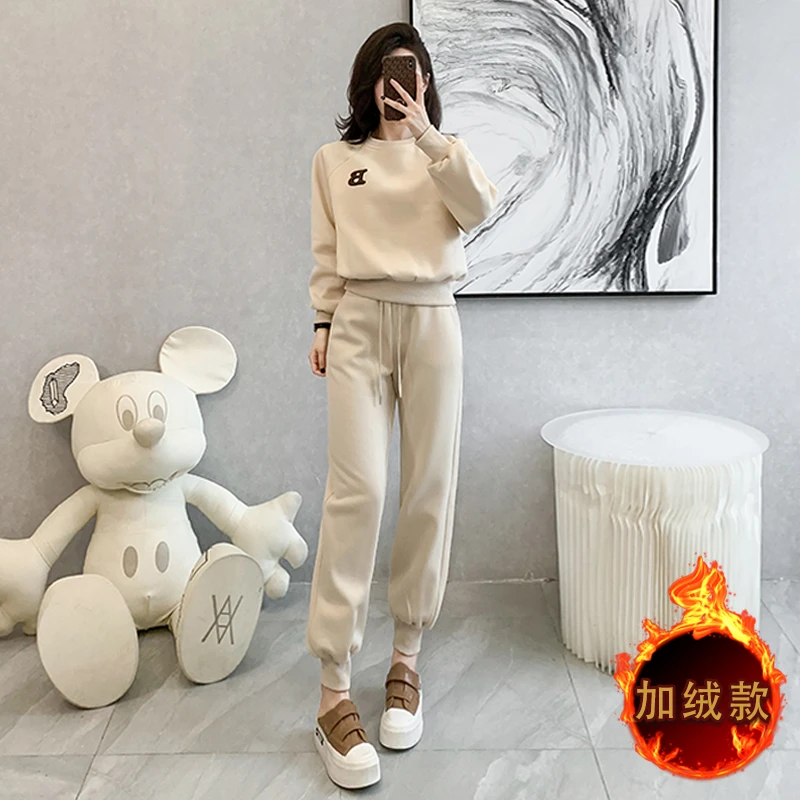 女慵懒风运动套装2023秋冬新款时尚洋气加绒圆领卫衣束脚裤两件套