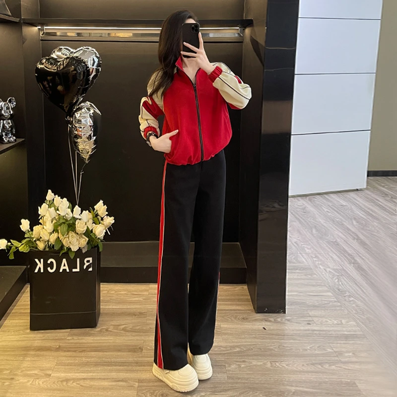 休闲运动套装女秋季新款爆款洋气红色立领上衣显高阔腿裤两件套潮