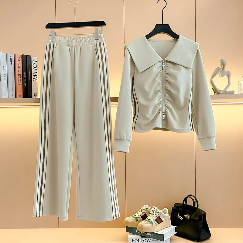 设计感时尚翻领褶皱双拉链开衫外套阔腿休闲裤两件套女秋季新款潮