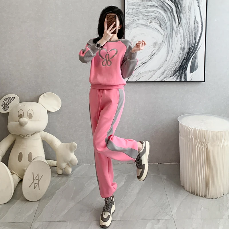 时尚运动套装女秋季2023新款高级感欧货炸街粉色卫衣束脚裤两件套