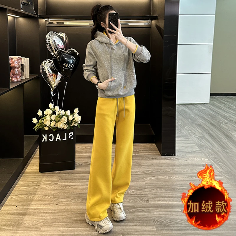 女秋冬季新款时尚减龄休闲运动套装洋气撞色加绒卫衣卫裤两件套潮