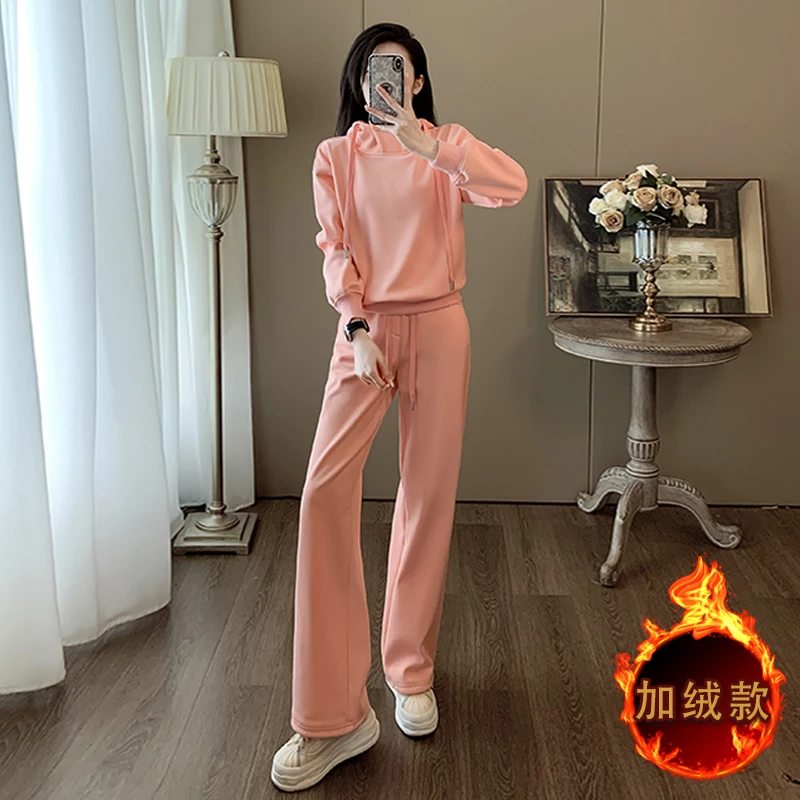 设计感时尚休闲运动套装2023女秋冬季新款加绒连帽卫衣卫裤两件套