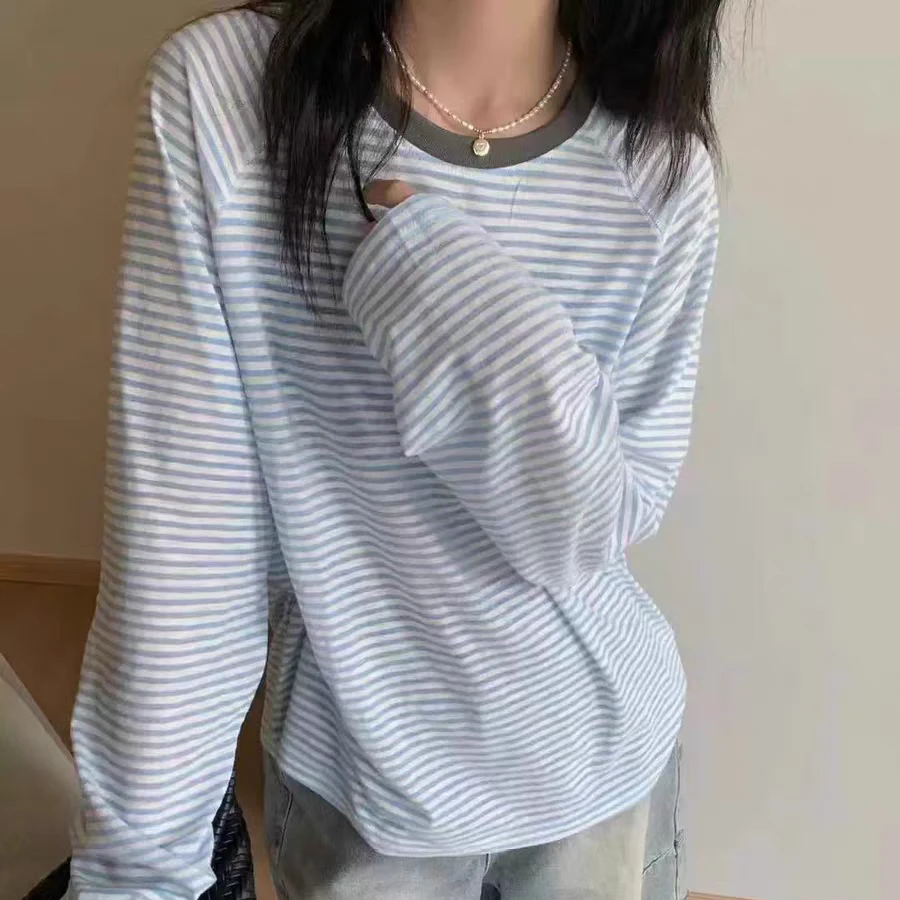 细条2025年夏季新薄款韩系撞色条纹圆领长袖防晒T恤罩衫ins上衣潮
