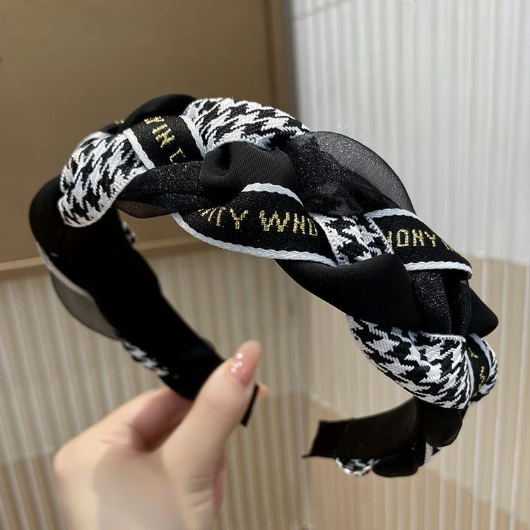 发箍女2024新款复古韩版千鸟格欧根纱字母麻花宽边压发卡发捆头箍