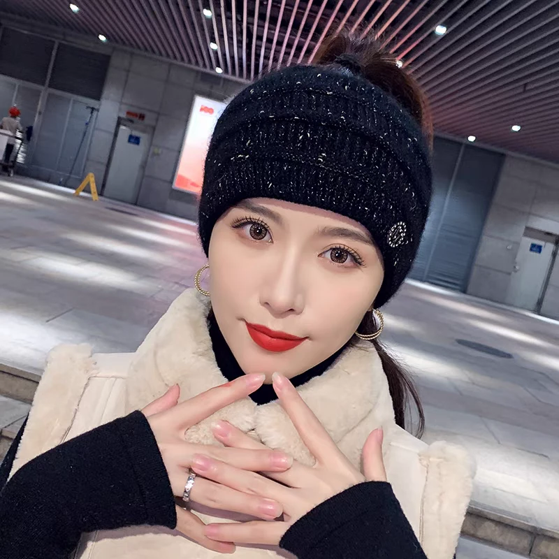 空顶发带帽女秋冬季保暖日系针织毛线帽子韩版百搭网红露马尾辫潮