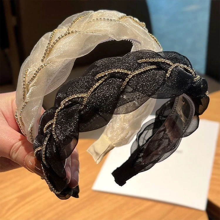 铁合金布艺发饰 春夏新款欧根纱链条发箍压发卡气质水钻麻花头箍