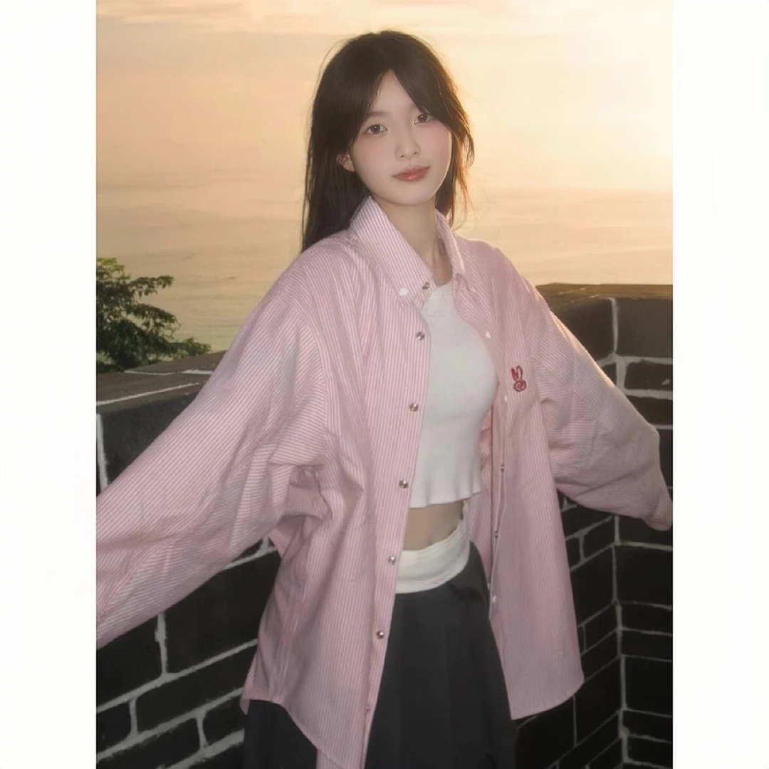 日系复古条纹长袖衬衫女独特漂亮宽松高级感小众洋气上衣衬衣外套