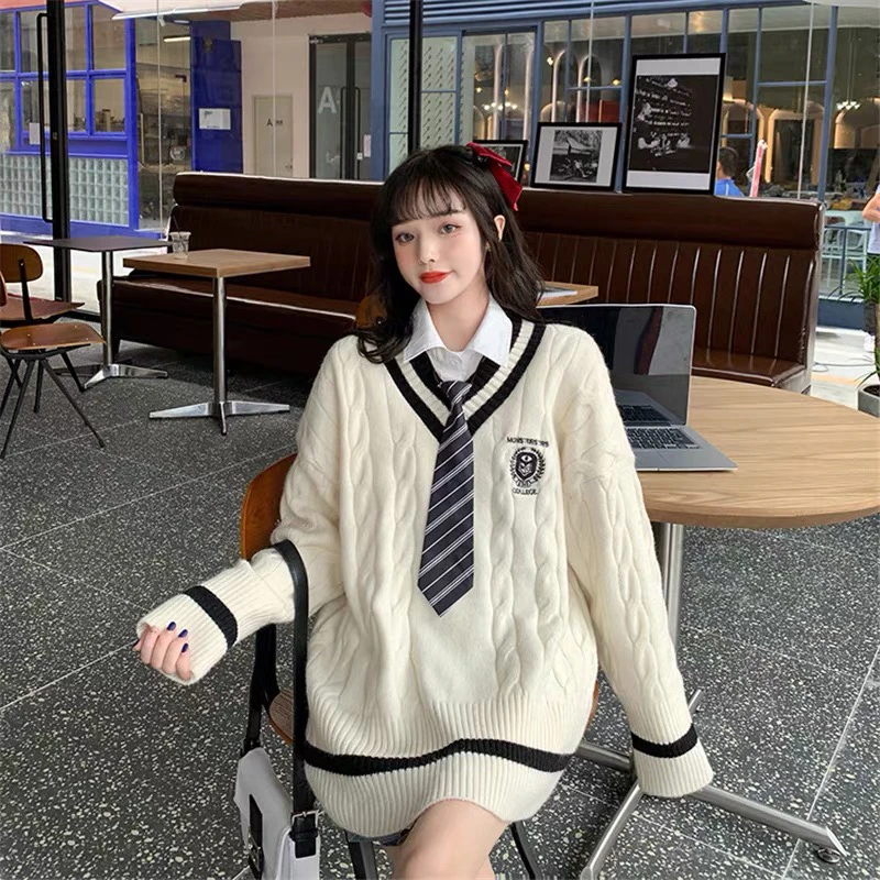 年新款学院风宽松中长款套头慵懒风毛衣女秋冬外穿领针织衫