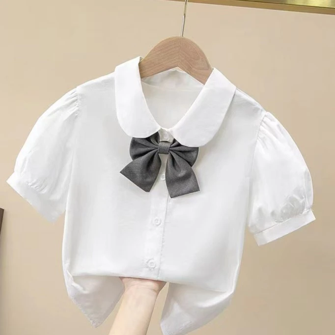 女童白衬衫短袖夏季棉儿童白色衬衣小学生中大童校服洋气表演服