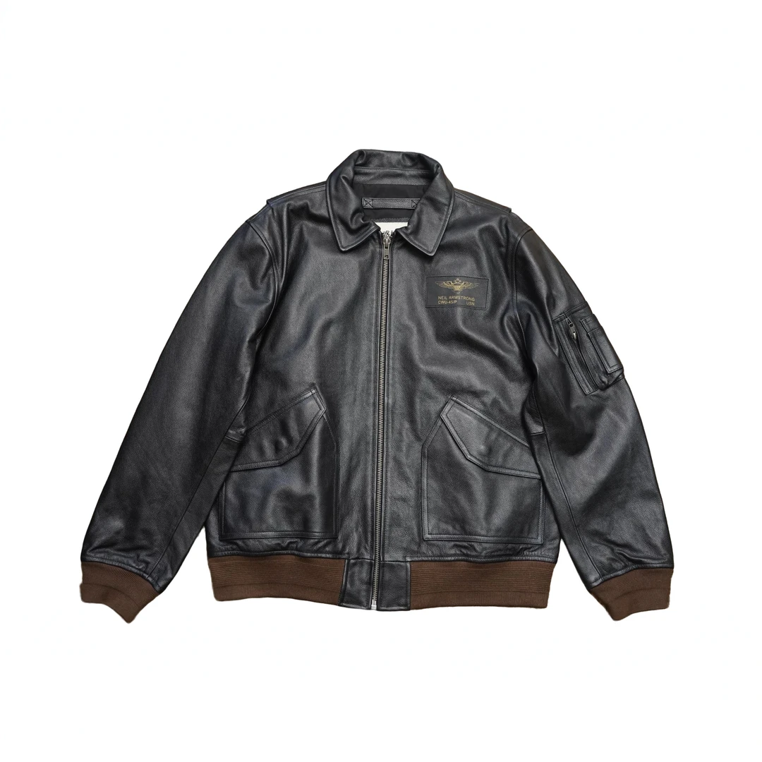 HUGJKS/惑格美式复古真皮飞行服外套45p牛皮夹克翻领高腰活肩皮衣