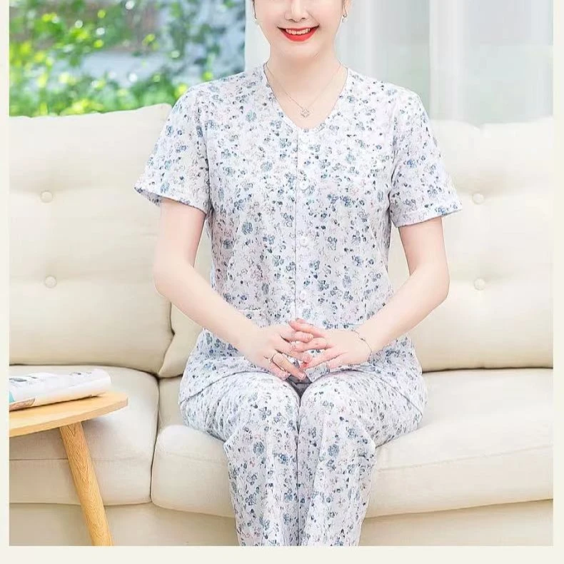 老年人半袖开衫女家居服老人宽松棉妈妈家居对襟加肥大码开襟薄款
