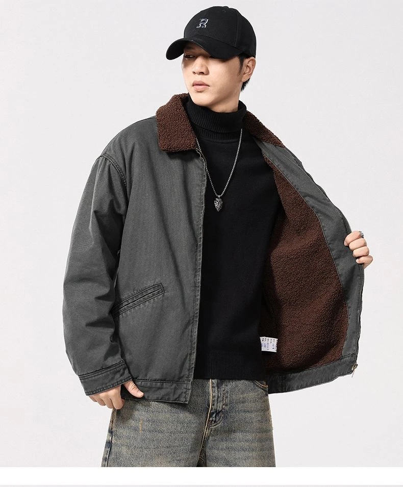 摇粒羊羔绒棉服外套2024冬季新款复古帅气男士工装夹棉外套潮牌