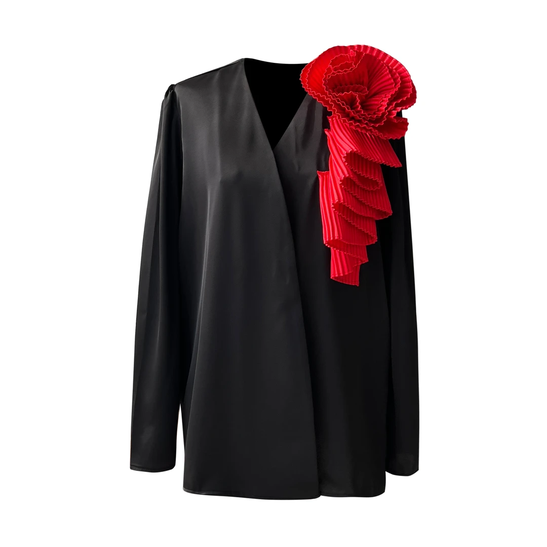 618福利007一叨甄选设计师气质时尚女士衬衣纯色春季休闲（大红花）