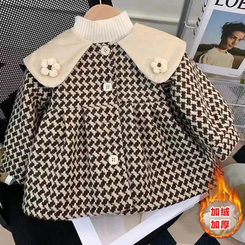 女童呢子外套秋冬洋气2023新款小童千鸟格女宝宝加绒加厚毛呢冬装