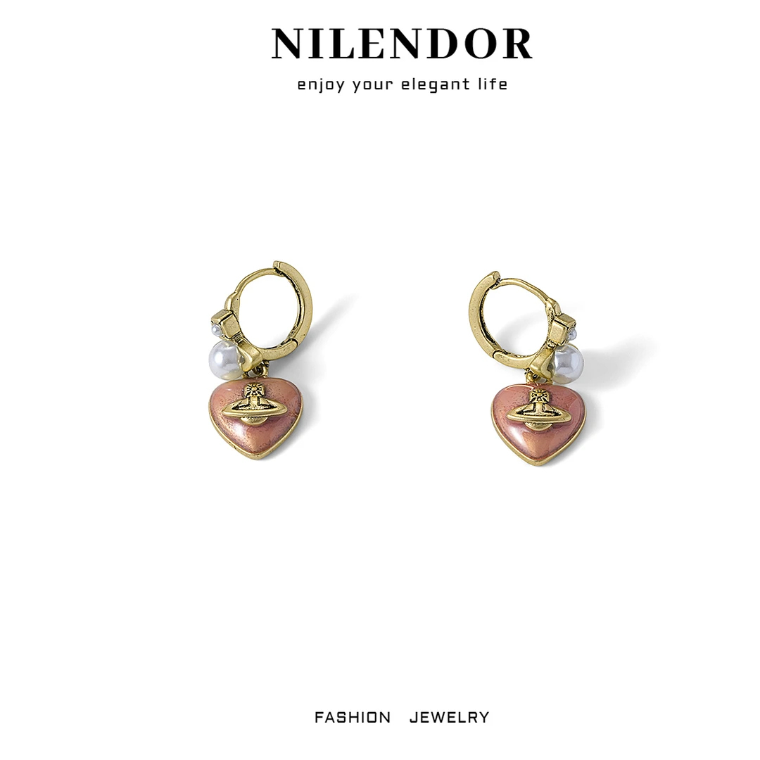NILENDOR/昵兰 铜合金仿珍珠耳饰 ES-284粉色爱心土星复古耳环