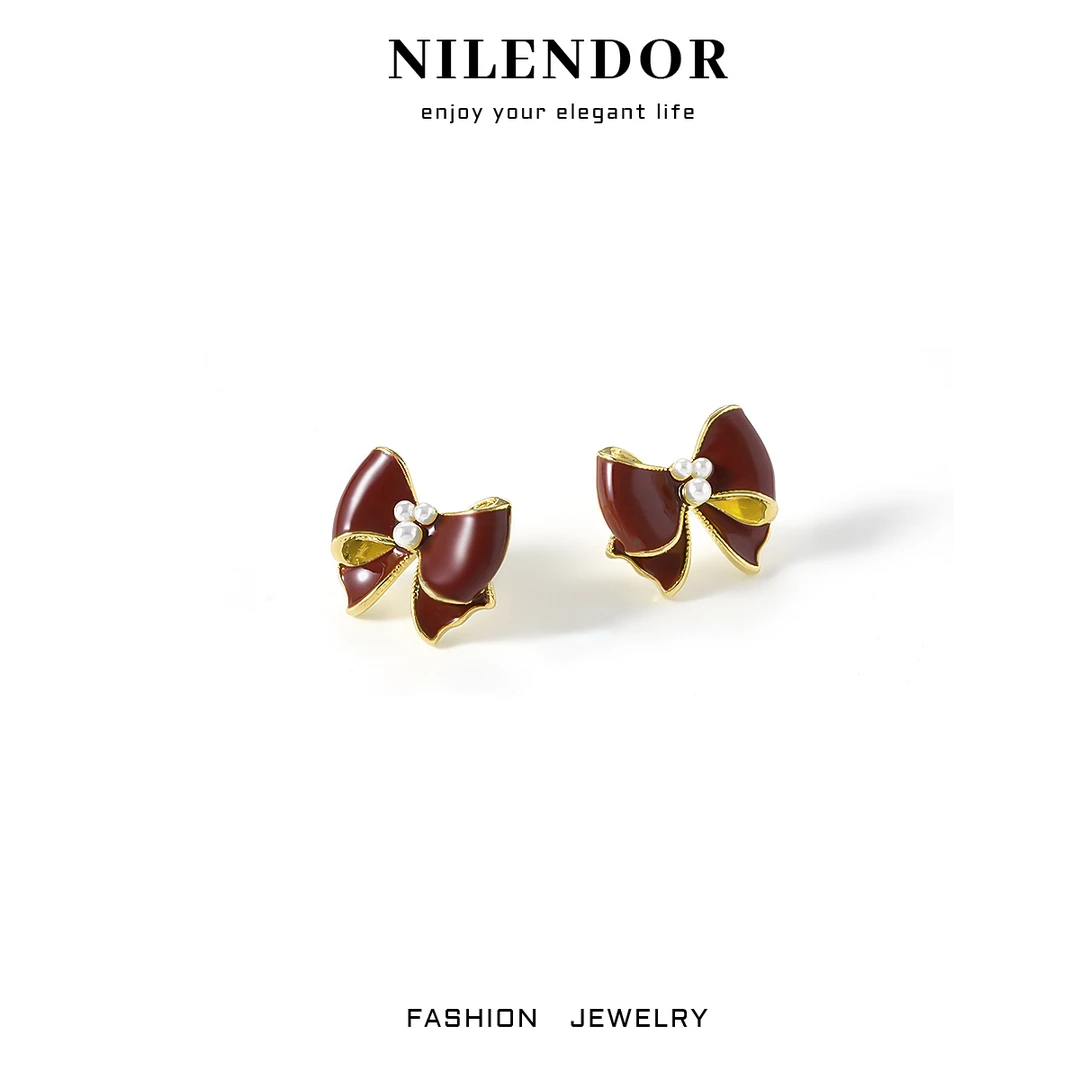 NILENDOR/昵兰 铜合金珐琅耳饰 ES-222时尚蝴蝶结红色耳钉耳饰