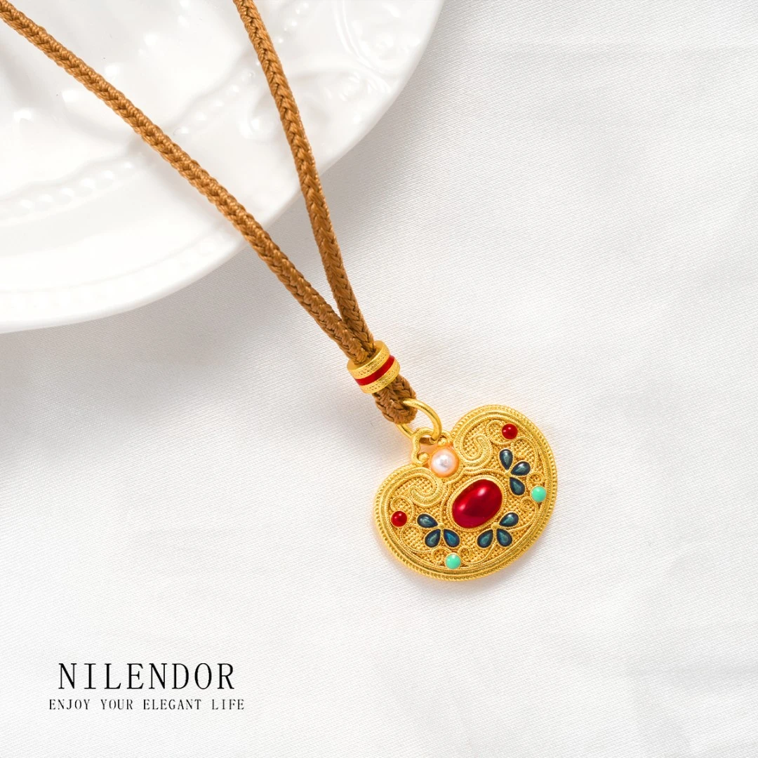 铜合金项链 XL-235古法花丝景福锁烧蓝百搭项链