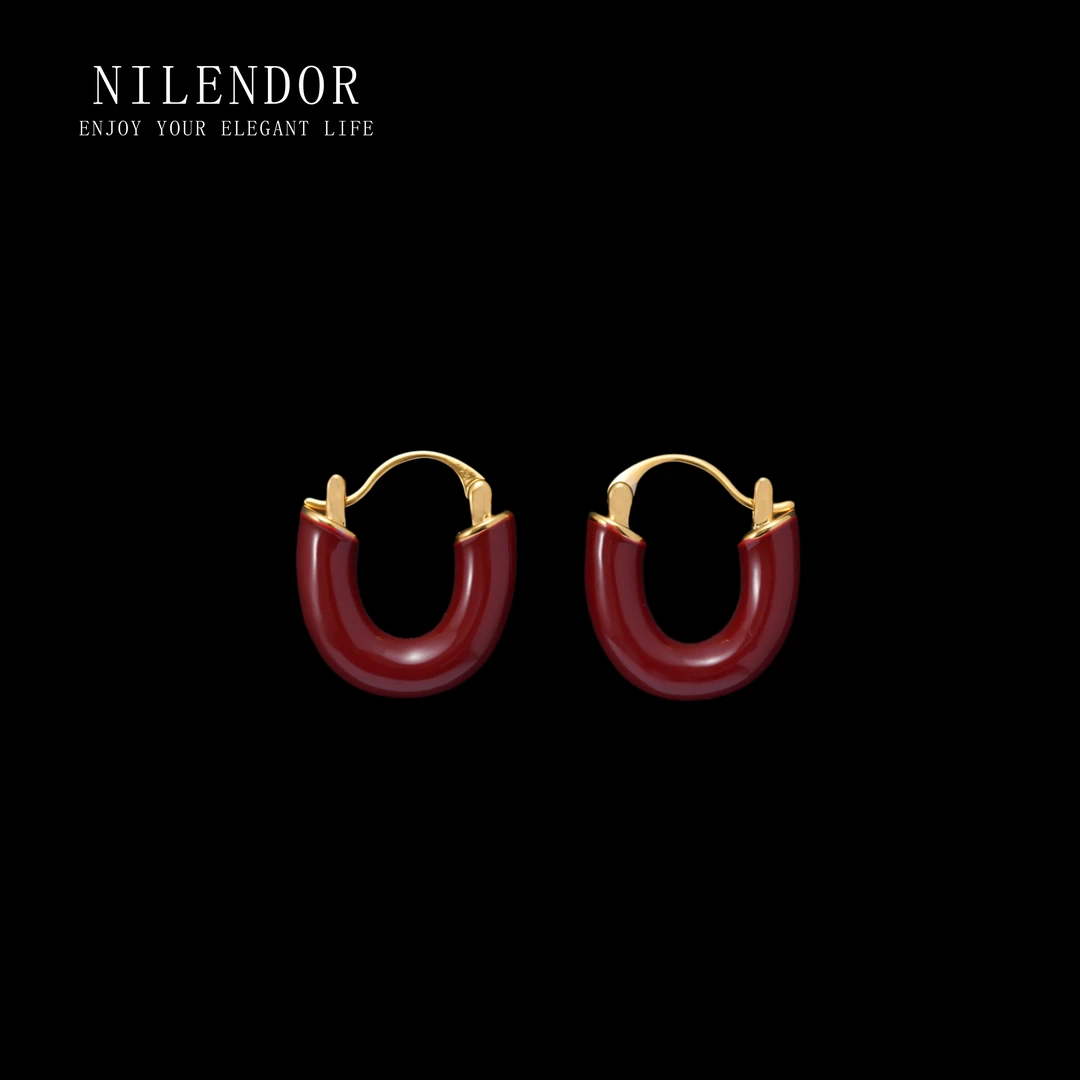 NILENDOR/昵兰 铜合金耳饰 ES-180法式复古酒红色U型气质百搭耳扣