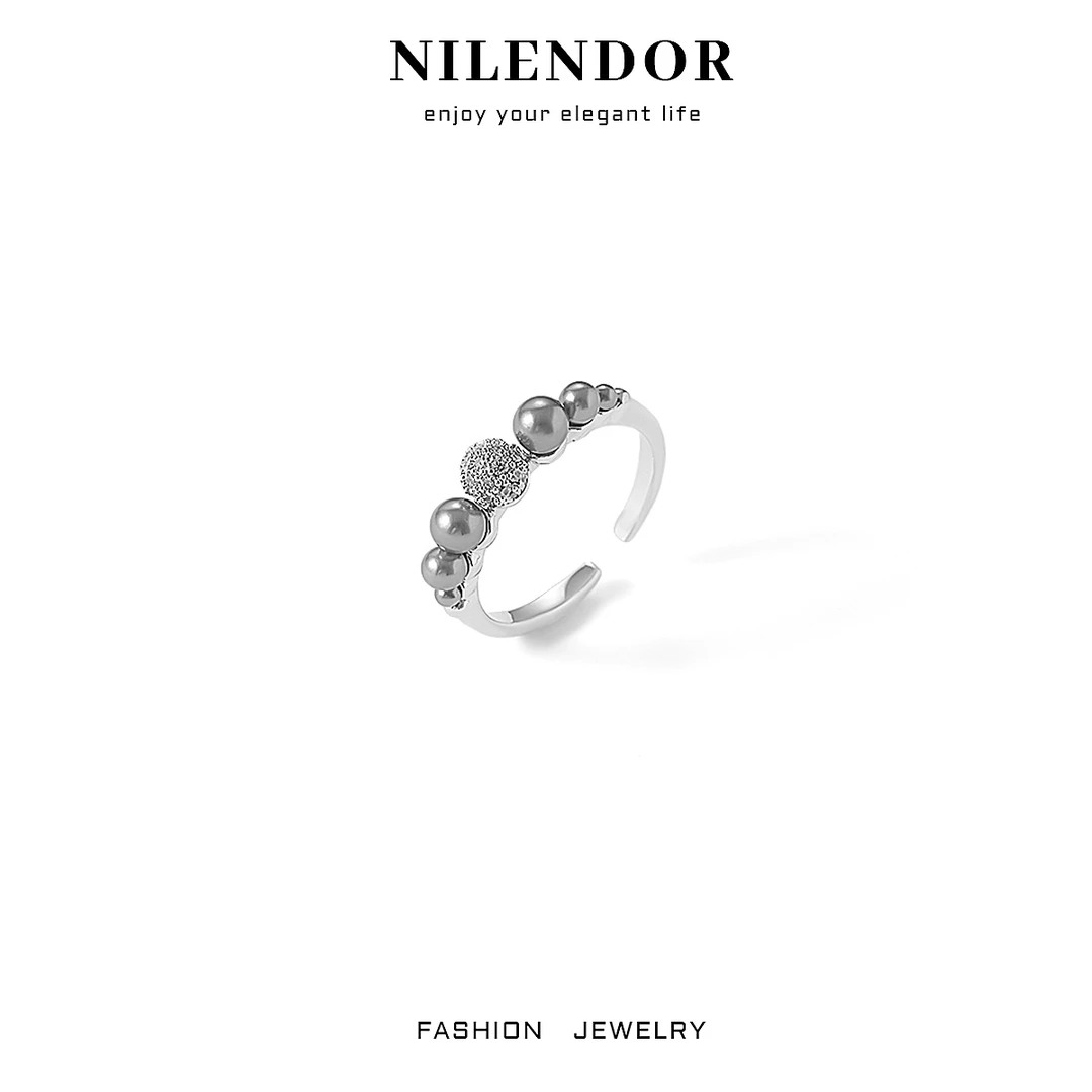 铜合金合成锆石戒指 D-45时尚气质灰色珠珠戒指