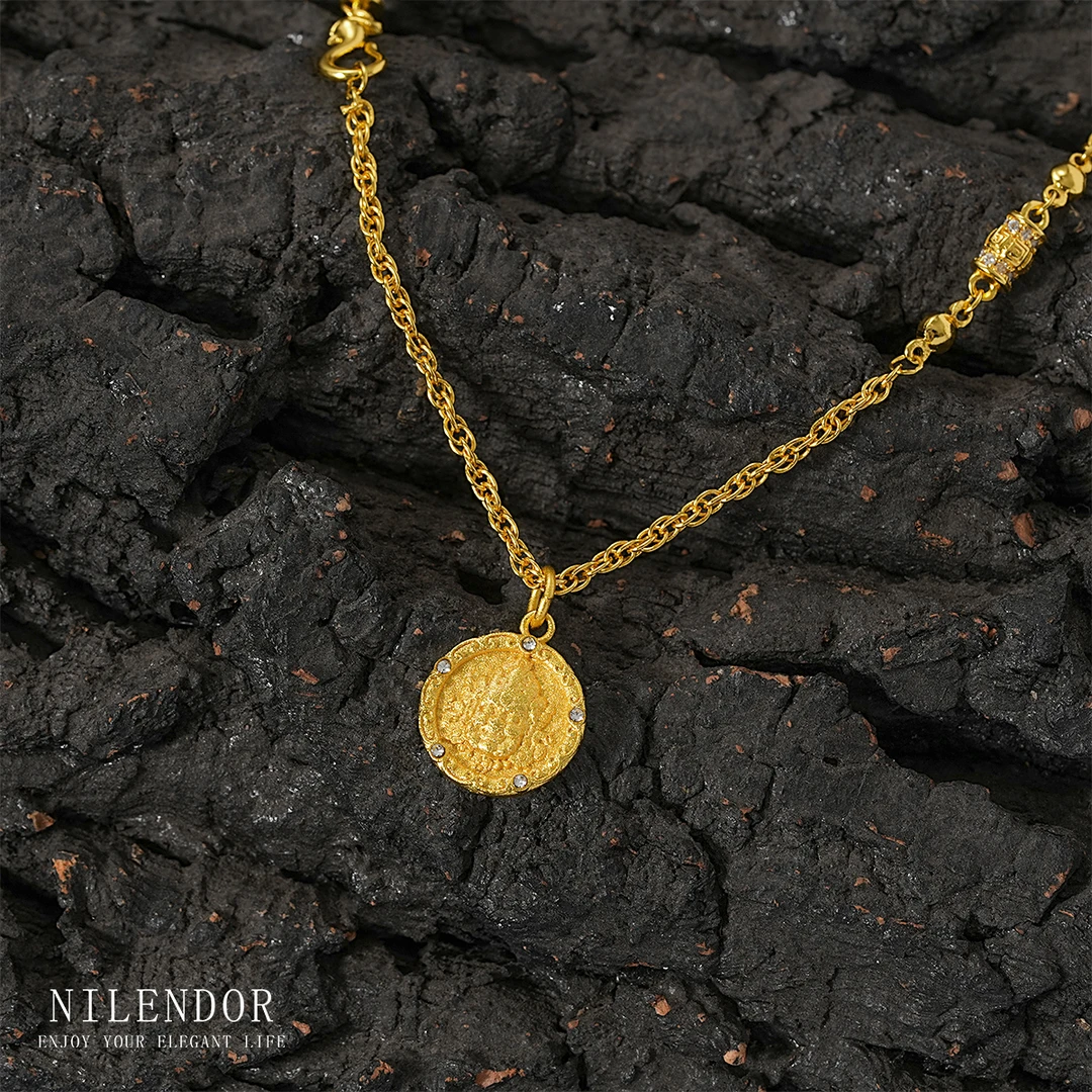 NILENDOR/昵兰 铜合金合成锆石项链 XL-270古法黄财财百搭项链