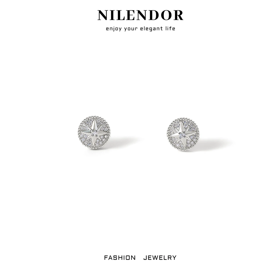 铜合金合成锆石耳饰 ES-309银色满镶八芒星耳钉
