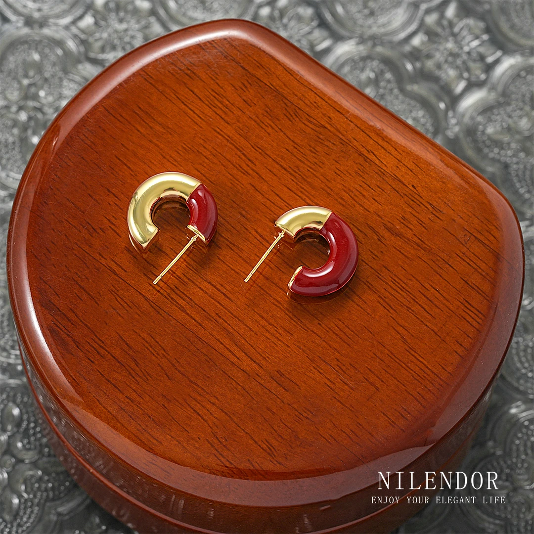 铜合金耳饰 ES-299法式复古气质红色C型百搭耳环