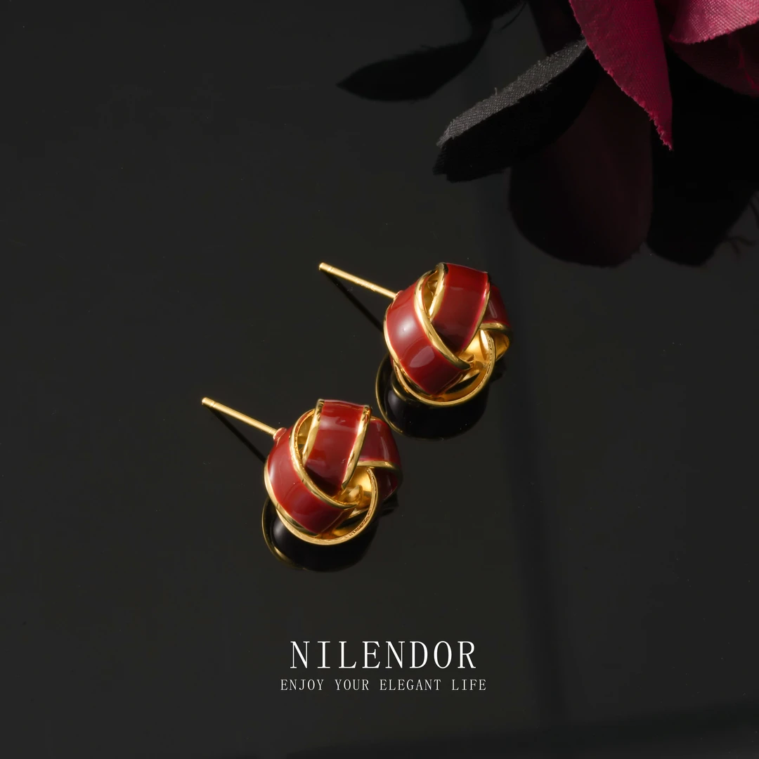 NILENDOR/昵兰 铜合金耳饰 ES-365复古气质酒红色滴釉百搭耳钉