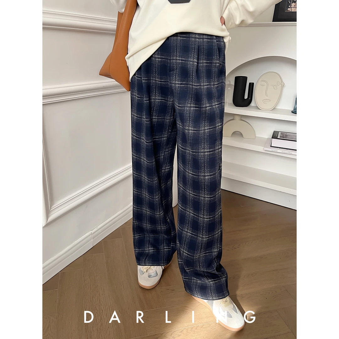 大琳Darling2024秋冬 高腰复古格子裤慵懒显瘦百搭阔腿直筒裤女
