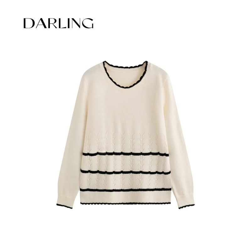 大琳Darling2024秋冬 设计感圆领撞色边针织衫宽松显瘦条纹上衣女