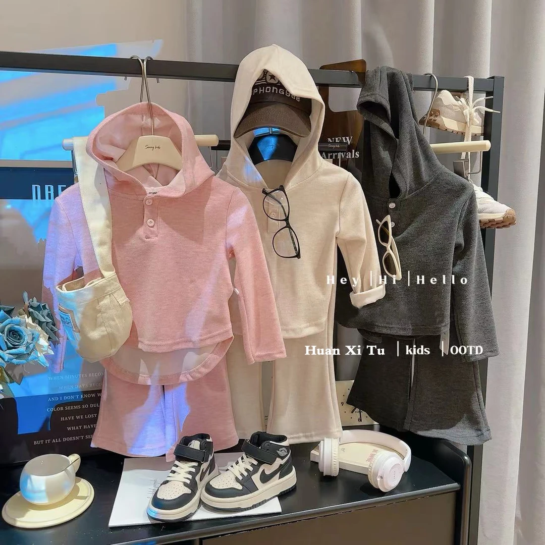 中大童连帽卫衣套装女童韩版时尚纯色长袖阔腿裤卫衣秋装两件套