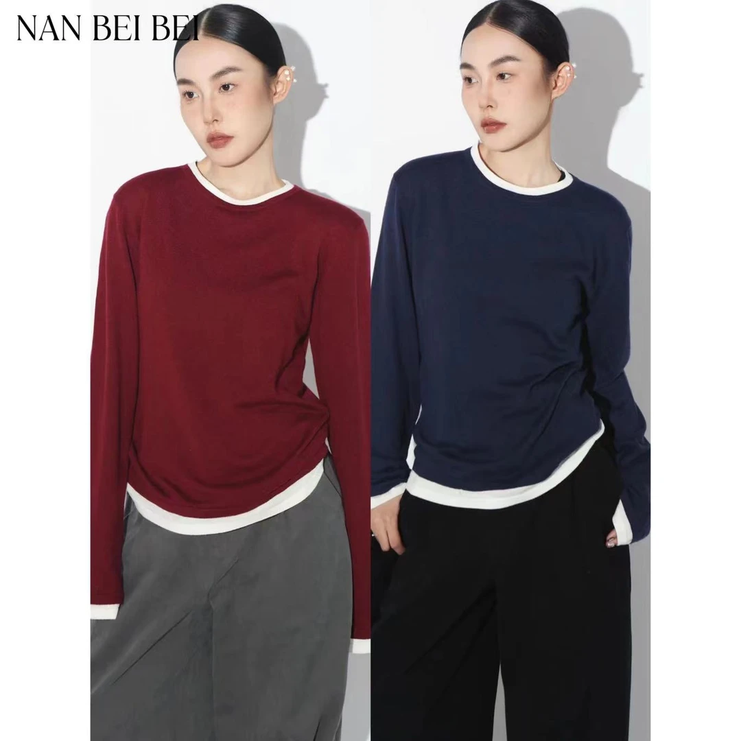 【南北贝】极简风拼色百搭休闲套头毛针织上衣 510
