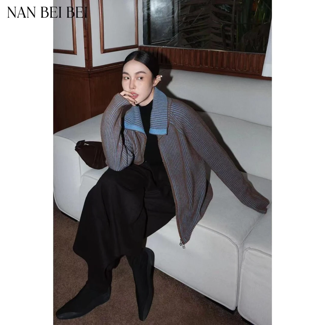 【南北贝】‘双色坑条’混纺大翻领双拉链毛衣针织外套 H575