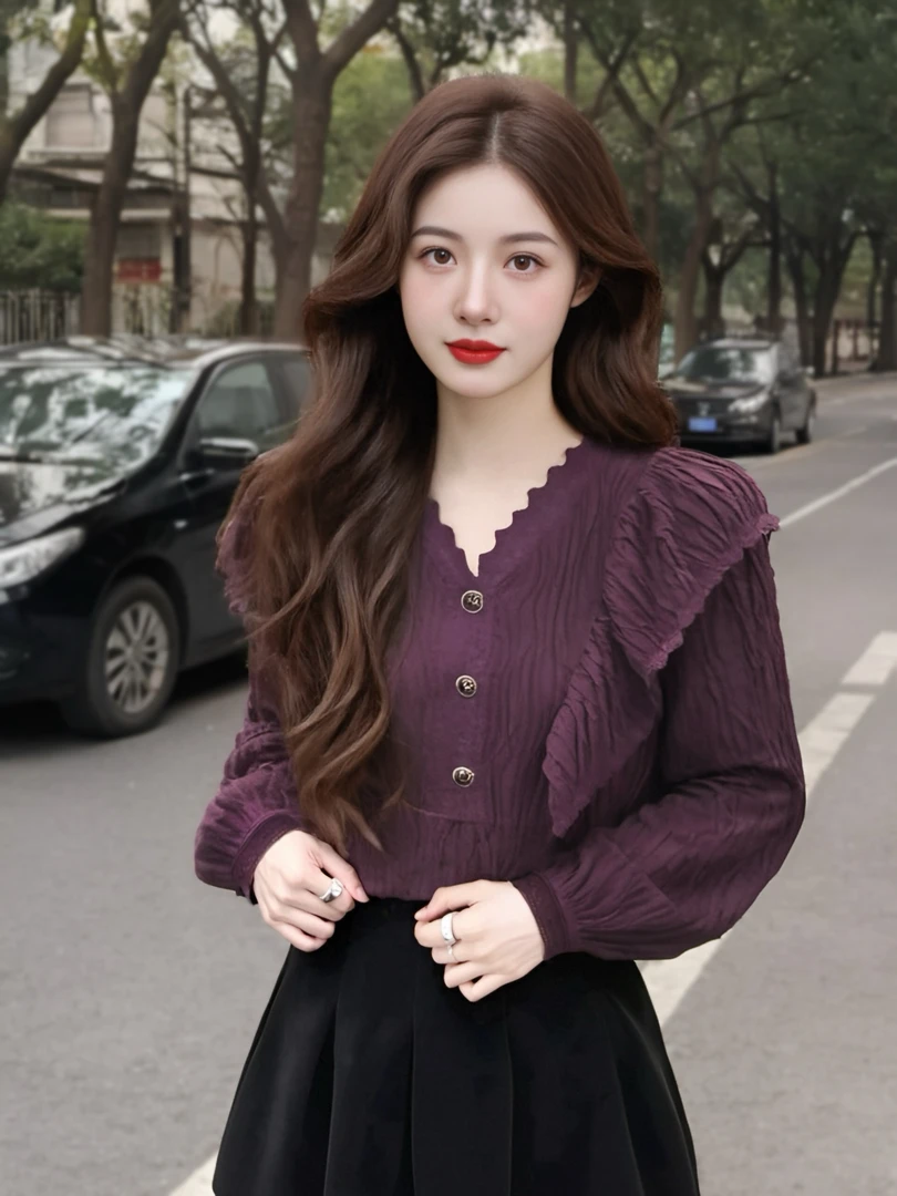 秋季新款紫色花边时尚设计感纽扣上衣长袖女装1005蕾丝春秋显瘦