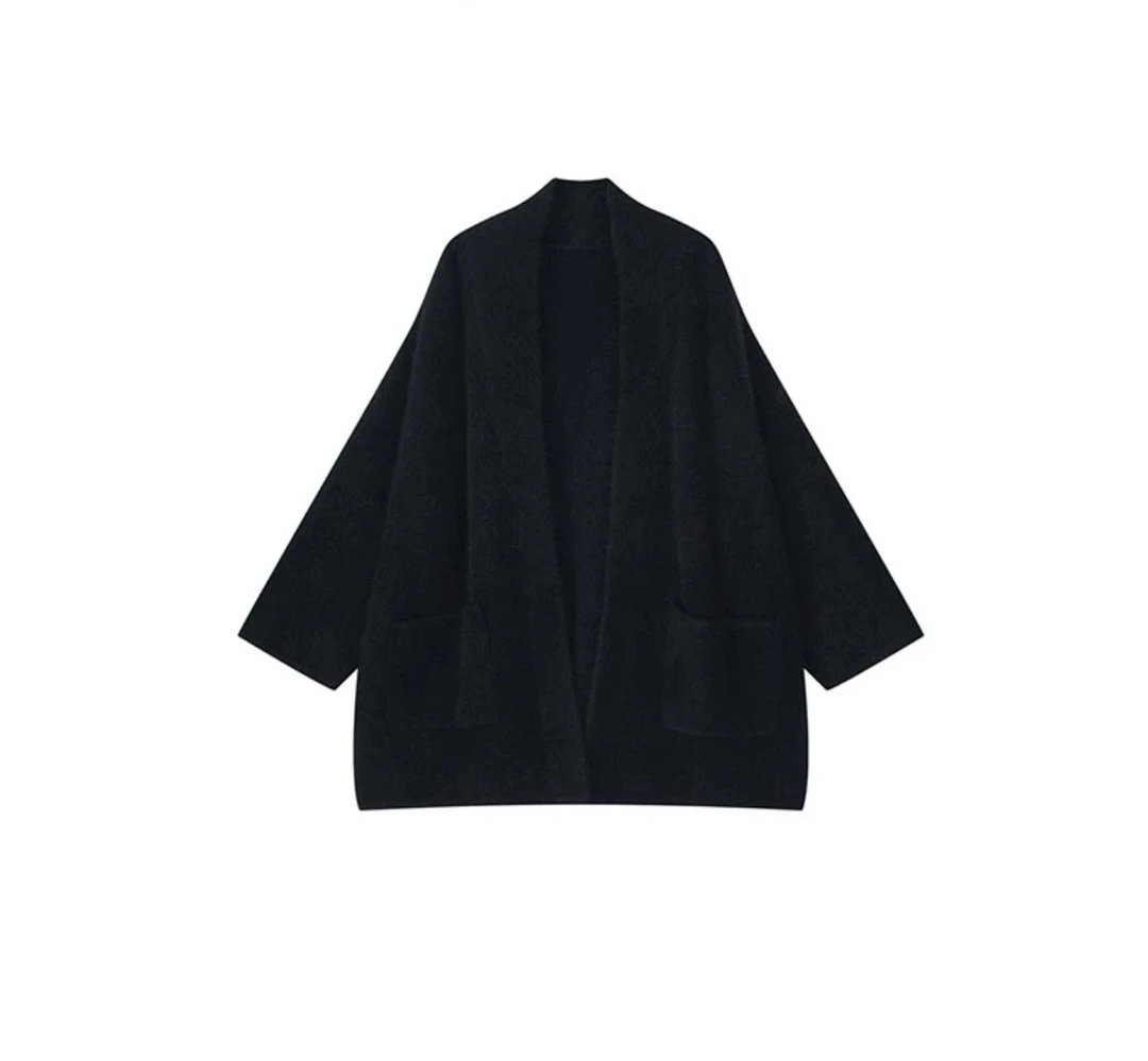 韩版慵懒风设计感大口袋外套秋冬极简宽松针织衫