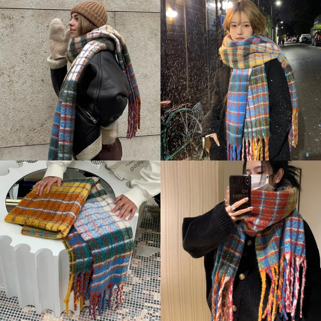 ins网红彩虹围巾格纹七彩粗流苏情侣围脖披肩格子保暖加厚百搭