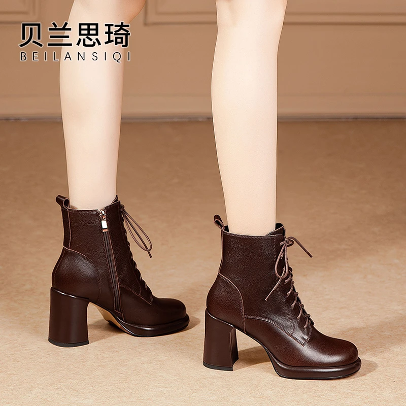 5574舒适厚底系带粗跟短靴女2023秋冬季软牛皮防水台高跟马丁靴子