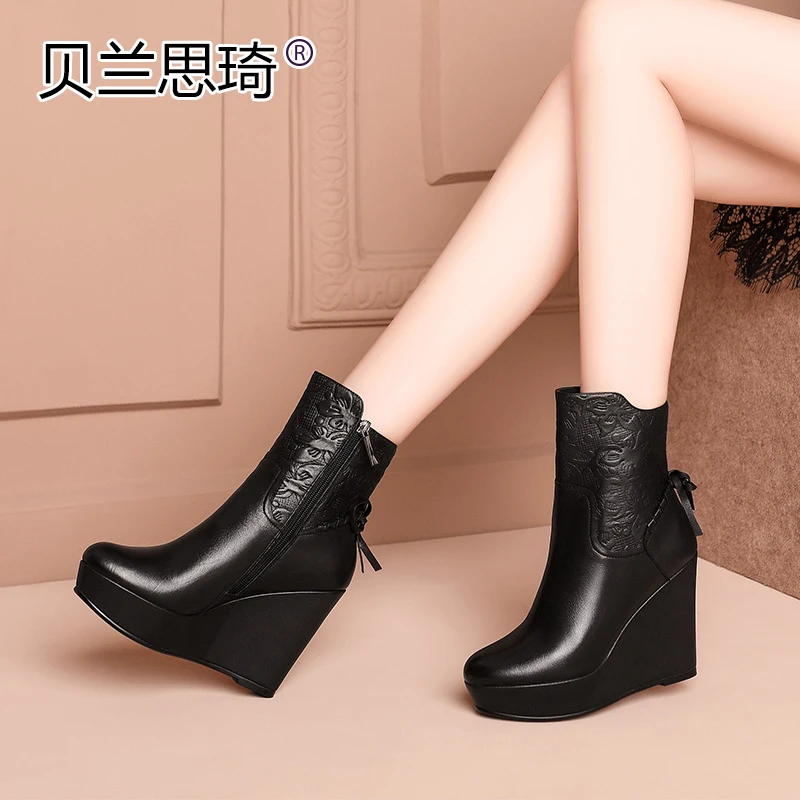 6025真皮坡跟短靴女厚底秋冬季新款加绒女鞋圆头防水台高跟马丁靴