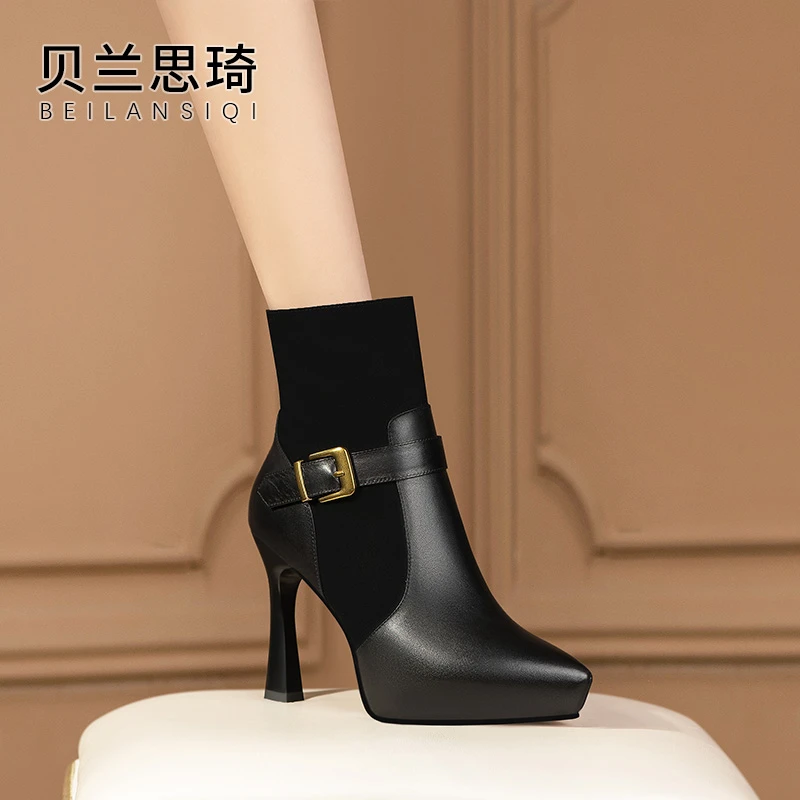 真皮拼接尖头厚底细跟短靴女2024秋冬季防水台高跟时装靴子5746