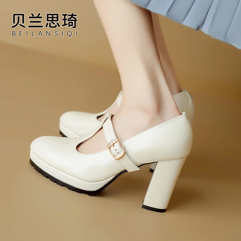 6529圆头舒适厚底玛丽珍一字带粗跟单鞋女2024春秋季防水台高跟鞋