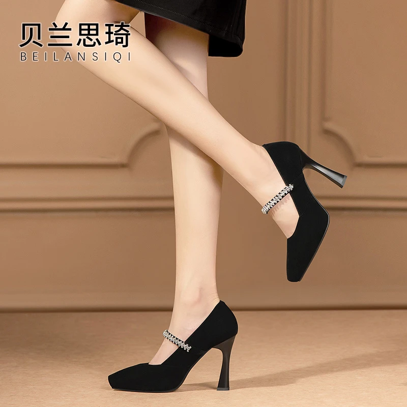 5711磨砂真皮水钻一字带防水台高跟鞋女2025春秋季性感细跟单鞋