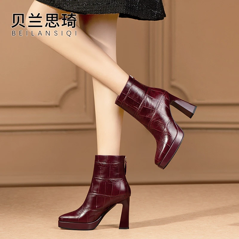 真皮方头厚底粗跟短靴女2025秋冬百搭防水台高跟骑士马丁靴子5769