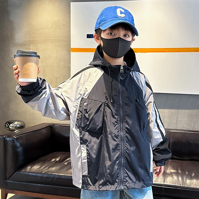 男童春秋装休闲连帽韩版外套中大童儿童春季拼接童装冲锋衣男孩潮