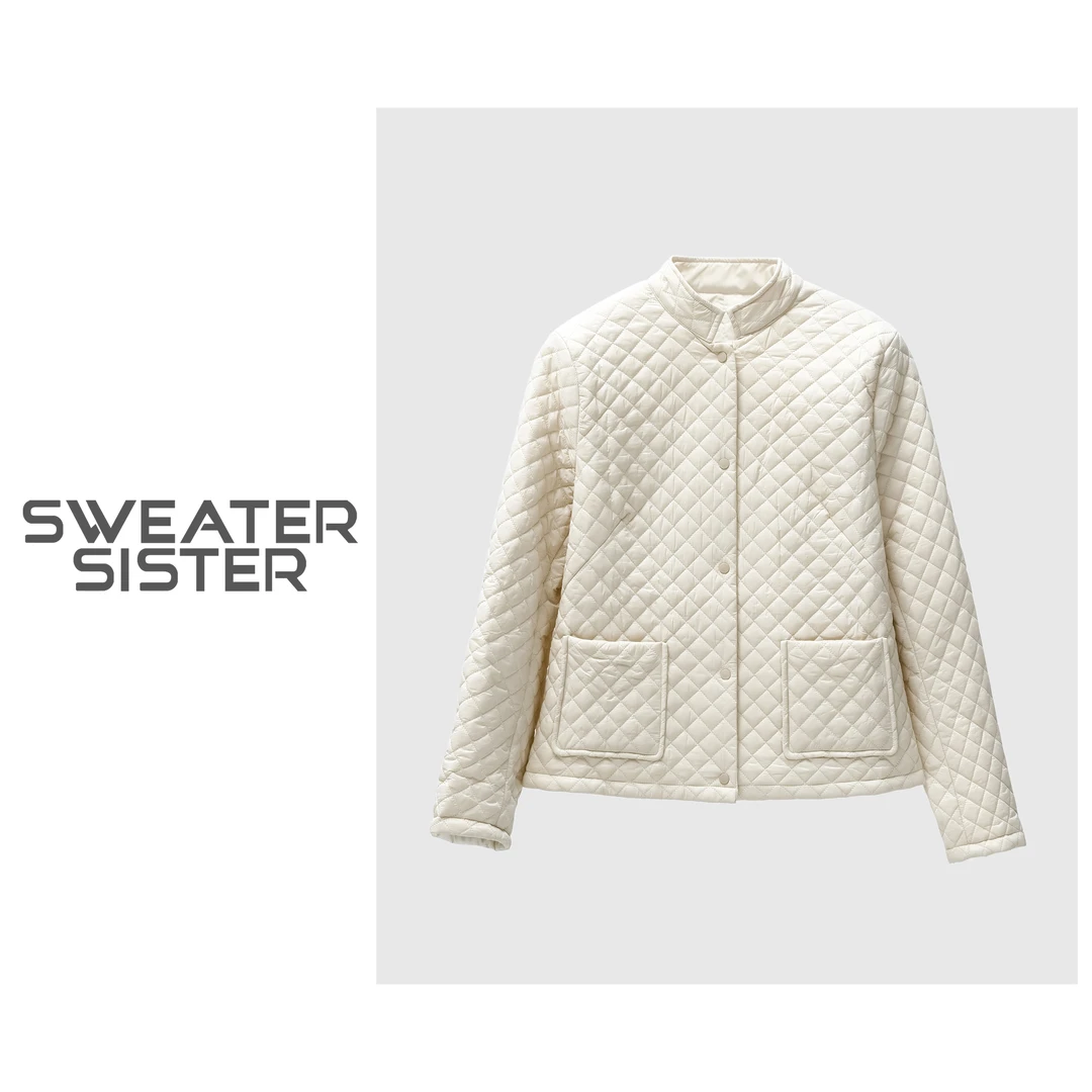 毛衣姐姐新款菱格立领轻薄棉服秋冬显瘦百搭短款外套女21153