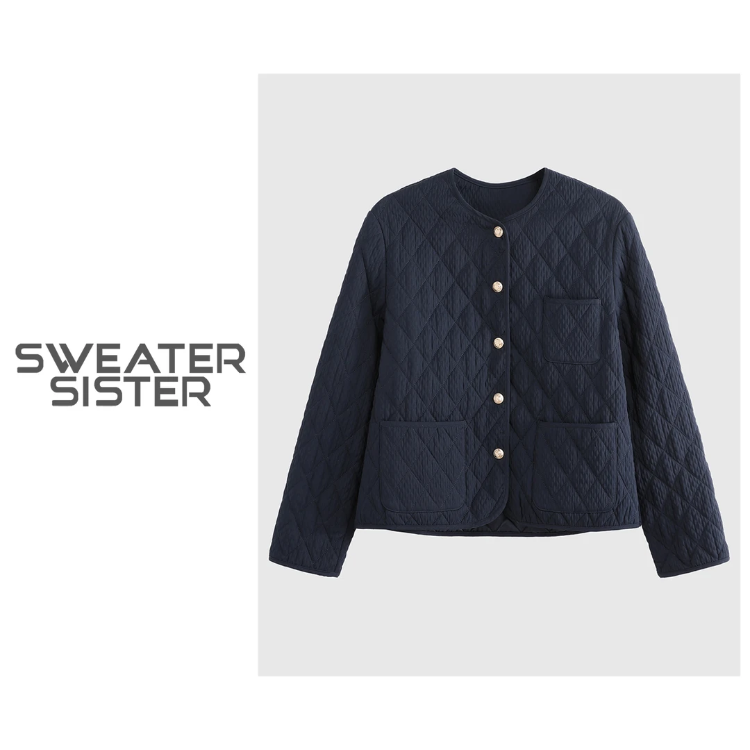 毛衣姐姐秋冬韩版简约圆领单排扣菱形格棉服外套女515-01127