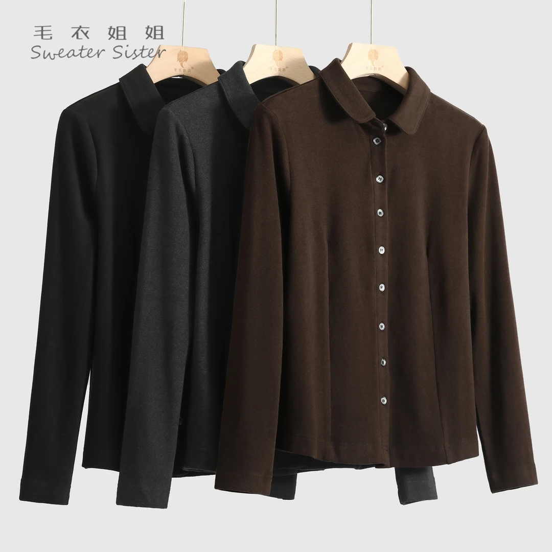 毛衣姐姐秋季新款polo领翻领单排扣磨毛德绒衬衫女509-112