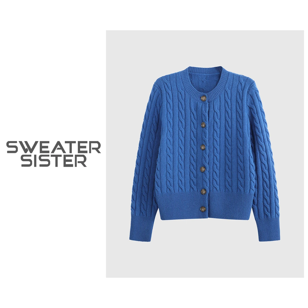 秋冬保暖圆领麻花绵羊毛针织开衫037-8515